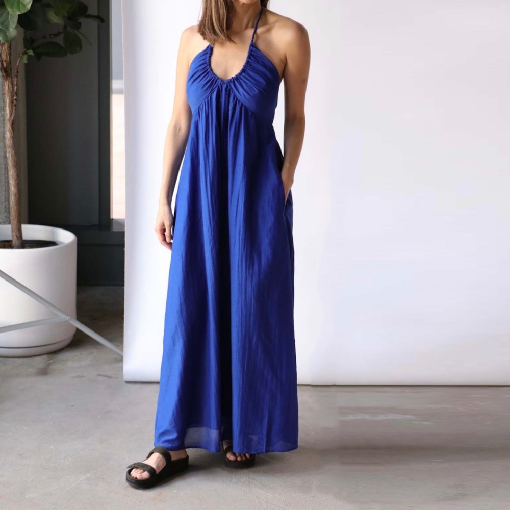 Xirena Maggie Cotton Poplin Halter Maxi Sundress – Deep V, Smocked Back (NWOT)